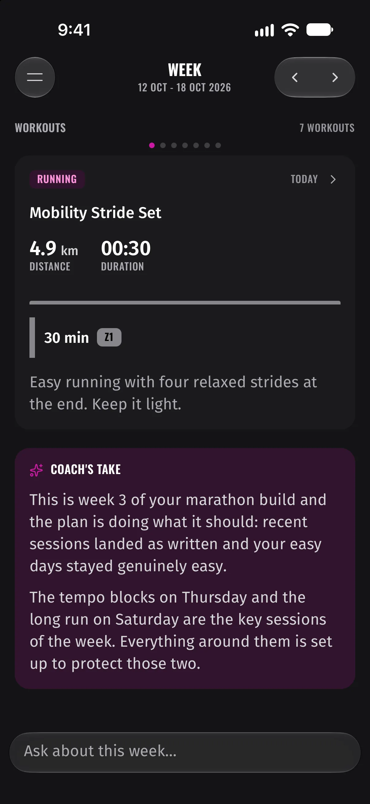 Week view with today's Mobility Stride Set: 4.9 km, 30 minutes in zone 1, easy running with four relaxed strides and Coach's take on the week
